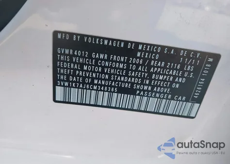 2012 Volkswagen Jetta S из США, поврежденный, VIN 3VW1K7AJ6CM348365